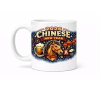 Brew Crew Gifts Chinese New Year 2026 Year of The Horse Ceramic Mug, 11oz White, Traditional Festive Design with Lanterns and Stars, Lunar New Year Gift