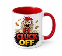 Brew Crew Gifts Cluck Off Funny Chicken Mug, 11oz Ceramic Coffee Mug, White with Humorous Chicken Design, Microwave and Dishwasher Safe (Red)