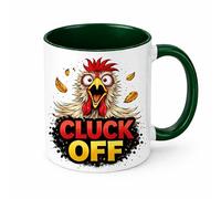 Brew Crew Gifts Cluck Off Funny Chicken Mug, 11oz Ceramic Coffee Mug, White with Humorous Chicken Design, Microwave and Dishwasher Safe (Green)