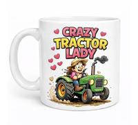 Brew Crew Gifts Crazy Tractor Lady Mug, 11oz Premium Ceramic, Dishwasher & Microwave Safe, Funny Cartoon Design, Gift for Female Farmers, Tractor Enthusiasts