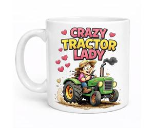 Brew Crew Gifts Crazy Tractor Lady Mug, 11oz Premium Ceramic, Dishwasher & Microwave Safe, Funny Cartoon Design, Gift for Female Farmers, Tractor Enthusiasts