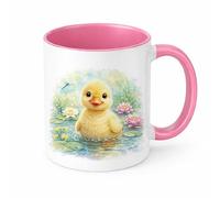 Brew Crew Gifts Cute Duckling Mug, Watercolour Baby Duck Ceramic Coffee Cup, Farmyard Animal Gift, 11oz (Pink)