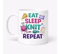 Brew Crew Gifts Eat Sleep Knit Repeat Knitting Life Mug, White Ceramic, 11oz, Dishwasher and Microwave Safe