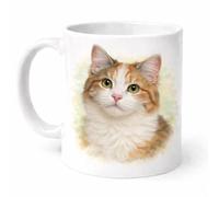 Brew Crew Gifts Ginger & White Cat Portrait Mug, White Ceramic, 11oz, Watercolour Style, Glossy Finish, Dishwasher Safe
