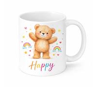 Brew Crew Gifts Happy Teddy Bear Mug, White Ceramic Coffee Mug with Cheerful Bear, Rainbows, Stars and Hearts Design (White)