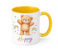 Brew Crew Gifts Happy Teddy Bear Mug, White Ceramic Coffee Mug with Cheerful Bear, Rainbows, Stars and Hearts Design (Yellow)