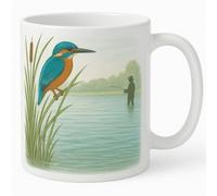Brew Crew Gifts Kingfisher and Fisherman Mug, White Ceramic Coffee Cup 11oz with Nature Scene Design