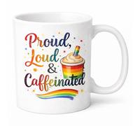 Brew Crew Gifts LGBTQ+ Pride Rainbow Coffee Mug, White Ceramic, 11oz, Dishwasher and Microwave Safe, Proud Loud & Caffeinated Design