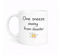 Brew Crew Gifts One Sneeze Away from Disaster Mug, White Ceramic, 11 oz, Dishwasher Safe, Microwave Safe, Funny Text Design