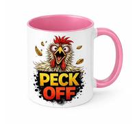 Brew Crew Gifts Peck Off Funny Chicken Mug, 11oz Ceramic Coffee Mug with Humorous Design, White (Pink)