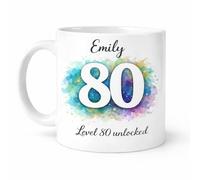 Brew Crew Gifts Personalised Milestone 80th Birthday Mug, Watercolour Splash Design, White Ceramic, 11 oz, Customisable Name and Slogan, Dishwasher Safe