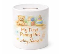 Brew Crew Gifts Personalised My First Penny Pot, Ceramic Baby Money Box, White with Watercolour Teddy Design, 9.5cm x 8cm, Nursery Keepsake for Newborns and First Birthday