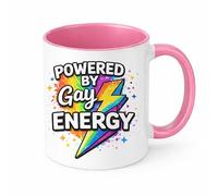 Brew Crew Gifts Powered by Gay Energy Mug, White Ceramic Coffee Mug 11oz, LGBTQ+ Pride Theme, Rainbow Lightning Bolt Design (Pink)