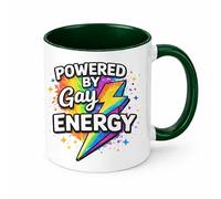 Brew Crew Gifts Powered by Gay Energy Mug, White Ceramic Coffee Mug 11oz, LGBTQ+ Pride Theme, Rainbow Lightning Bolt Design (Green)