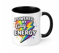 Brew Crew Gifts Powered by Gay Energy Mug, White Ceramic Coffee Mug 11oz, LGBTQ+ Pride Theme, Rainbow Lightning Bolt Design (Black)