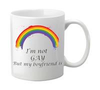Brew Crew Gifts Pride Rainbow Coffee Mug with Humorous LGBTQ+ Text, White Ceramic, Paint-Style Rainbow Design, Microwave and Dishwasher Safe 'Im not Gay But My Boyfriend is'