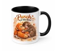 Brew Crew Gifts Punch and His Bear Mug, Cute Monkey with Orangutan Teddy Design, 11oz Ceramic Coffee Cup, Animal Lover Gift (Black)