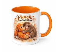 Brew Crew Gifts Punch and His Bear Mug, Cute Monkey with Orangutan Teddy Design, 11oz Ceramic Coffee Cup, Animal Lover Gift (Orange)