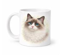 Brew Crew Gifts Ragdoll Cat Mug, Calm Expression Collection, White Ceramic, 11oz, Watercolour Portrait with Blue Eyes