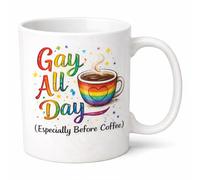 Brew Crew Gifts Rainbow Pride LGBTQ+ Coffee Mug, White Ceramic, 11oz, Gay All Day Design, Dishwasher Safe, Microwave Safe, Double-Sided Print