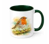 Brew Crew Gifts Robin Watercolour Ceramic Mug, White, 11 oz, Dishwasher and Microwave Safe, British Wildlife Design, Premium Double-Sided Print (Green)