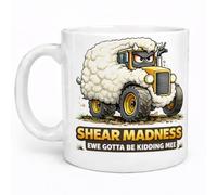 Brew Crew Gifts Shear Madness Ceramic Coffee Mug, Funny Sheep Tractor Design, White, 11oz, Gift for Farmers, Wool Enthusiasts