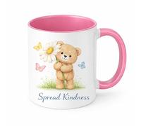 Brew Crew Gifts Spread Kindness Teddy Bear with Daisy Mug, White Ceramic Coffee Cup with Butterflies Design, Inspirational Gift (Pink)