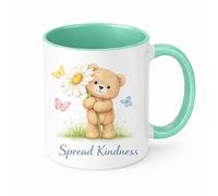Brew Crew Gifts Spread Kindness Teddy Bear with Daisy Mug, White Ceramic Coffee Cup with Butterflies Design, Inspirational Gift (Mint)