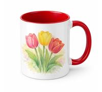 Brew Crew Gifts Tulip Mug, White Ceramic, 11oz, Watercolour Floral Design, Dishwasher and Microwave Safe (Red)