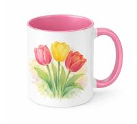 Brew Crew Gifts Tulip Mug, White Ceramic, 11oz, Watercolour Floral Design, Dishwasher and Microwave Safe (Pink)