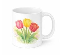 Brew Crew Gifts Tulip Mug, White Ceramic, 11oz, Watercolour Floral Design, Dishwasher and Microwave Safe