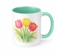 Brew Crew Gifts Tulip Mug, White Ceramic, 11oz, Watercolour Floral Design, Dishwasher and Microwave Safe (Mint)