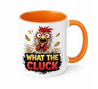 Brew Crew Gifts What The Cluck Funny Chicken Mug, 11oz Ceramic Coffee Mug, White, Microwave and Dishwasher Safe, Glossy Finish (Orange)