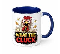 Brew Crew Gifts What The Cluck Funny Chicken Mug, 11oz Ceramic Coffee Mug, White, Microwave and Dishwasher Safe, Glossy Finish (Blue)