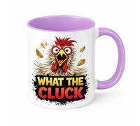 Brew Crew Gifts What The Cluck Funny Chicken Mug, 11oz Ceramic Coffee Mug, White, Microwave and Dishwasher Safe, Glossy Finish (Lilac)