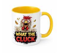 Brew Crew Gifts What The Cluck Funny Chicken Mug, 11oz Ceramic Coffee Mug, White, Microwave and Dishwasher Safe, Glossy Finish (Yellow)