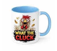 Brew Crew Gifts What The Cluck Funny Chicken Mug, 11oz Ceramic Coffee Mug, White, Microwave and Dishwasher Safe, Glossy Finish (Light Blue)