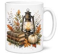 Brew Crew Gifts Woodland Lantern Autumn Ceramic Mug - Rustic Cottagecore Coffee Cup with Pumpkin, Vintage Books & Fall Watercolour Artwork