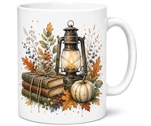 Brew Crew Gifts Woodland Lantern Autumn Ceramic Mug - Rustic Cottagecore Coffee Cup with Pumpkin, Vintage Books & Fall Watercolour Artwork
