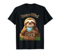 Brew-Tiful Day - Funny Cartoon Sloth Drinking Coffee T-Shirt