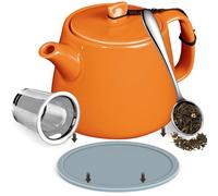 Brew To A Tea Handmade Porcelain Teapot with Infuser, 600ml/20.29oz Heat-Resistant Stump Teapot for Loose Leaf Tea, Includes Removable Strainer, Spoon & Coaster