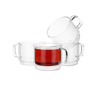 Brew To A Tea - Stackable Insulated Glass Coffee Mugs, Set of 4 (16oz, 500ml), Double Wall, Clear, Modern, Large