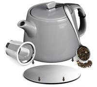 Brew To A Tea Stump Teapot with Strainer, 600ml/20.29oz Heat-Resistant Ceramic Tea Pot with Infuser, CIHUI2 Stainless Steel Coaster, Removable Infuser Tea Pot Handmade, Grey