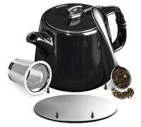 Brew To A Tea Stump Teapot with Strainer, 600ml/20.29oz Heat-Resistant Ceramic Tea Pot with Infuser, CIHUI2 Stainless Steel Coaster, Removable Infuser Tea Pot Handmade, Black