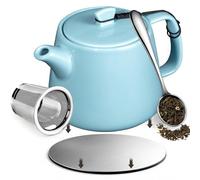 Brew To A Tea Stump Teapot with Strainer, 600ml/20.29oz Heat-Resistant Porcelain Tea Pot with Infuser, CIHUI2 Stainless Steel Coaster, Removable Infuser Tea Pot Handmade, Sky Blue