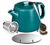 Brew To A Tea Stump Teapot with Strainer, 600ml/20.29oz Heat-Resistant Porcelain Tea Pot with Infuser, Removable Infuser Tea Pot Handmade with Stainless Steel Coaster,Navy Blue