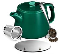 Brew To A Tea Stump Teapot with Strainer, Removable Infuser Tea Pot Handmade 600ml/20.29oz Heat-Resistant Ceramic Tea Pot with Stainless Steel Coaster, Forest Green