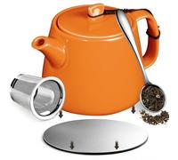 Brew To A Tea Stump Teapot with Strainer, Removable Infuser Tea Pot Handmade, 600ml/20.29oz Heat-Resistant Porcelain Tea Pot with Stainless Steel Coaster, Orange