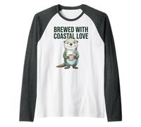 Brewed with Coastal Love Humor Sea Otter Coffee Lover Raglan Baseball Tee