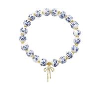 Brewlix Blue & White Porcelain Beaded Bracelets, Stretchy Handmade Beaded Adjustable Charm Bracelet with Bow Pendant, Romantic Jewelry Gifts for Women & Teen Girls